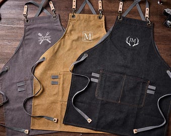 Personalized Canvas Apron, Custom Bar Apron, Canvas Workshop Apron, Embroidered Kitchen Apron, Barbeque Apron, Bartender Apron