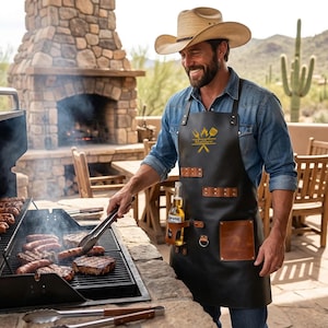 May include: A black leather apron with brown leather accents, including a pocket and a bottle holder containing a beer bottle. The apron features a yellow graphic of a fork, spatula, and flames above the name Matthew. It is worn over a blue shirt.