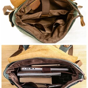 May include: A green canvas backpack with brown leather accents. The backpack is open and shows multiple pockets and compartments, including a laptop sleeve.