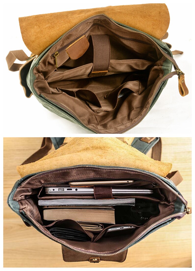 May include: A green canvas backpack with brown leather accents. The backpack is open and shows multiple pockets and compartments, including a laptop sleeve.