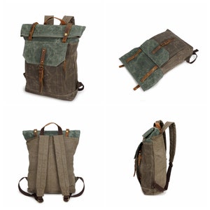 May include: A green and brown canvas backpack with leather straps and buckles. The backpack has a roll-top closure and a large main compartment.
