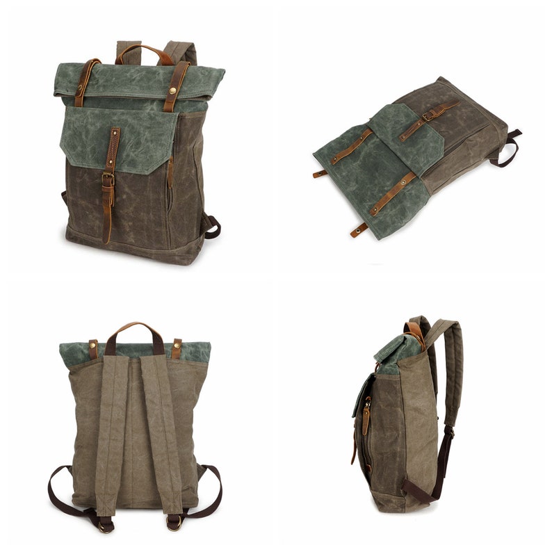 May include: A green and brown canvas backpack with leather straps and buckles. The backpack has a roll-top closure and a large main compartment.