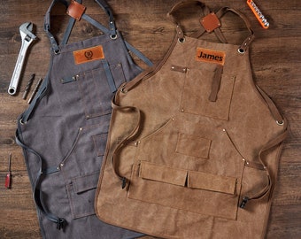 Personalized Work Apron with Tool Pockets, Heavy Duty Canvas Shop Apron for Woodworkers, Mechanics, Blacksmiths, Carpenters