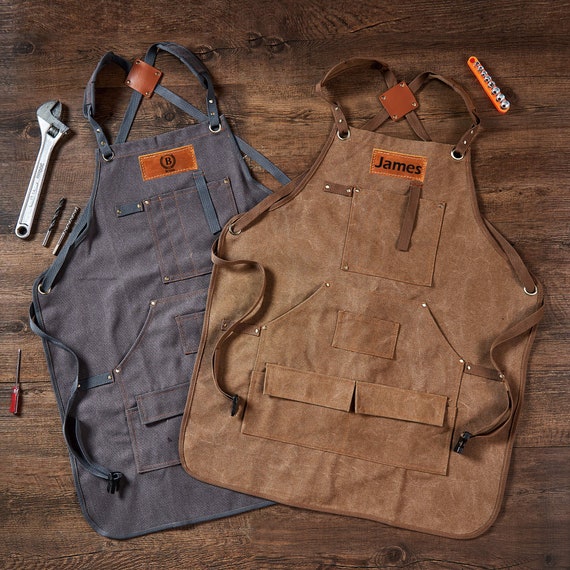 Personalized Work Apron with Tool Pockets, Heavy Duty Canvas Shop Apron for Woodworkers, Mechanics, Blacksmiths, Carpenters