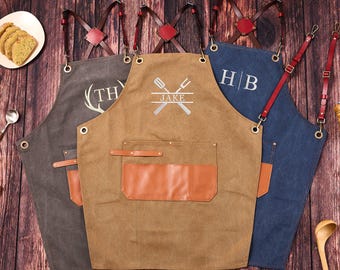 Personalized Canvas Apron, Custom Father's Day Gift For Men, Bartender's Apron, Embroidered Apron for Dad, Barbeque Apron, Men's Chef Apron