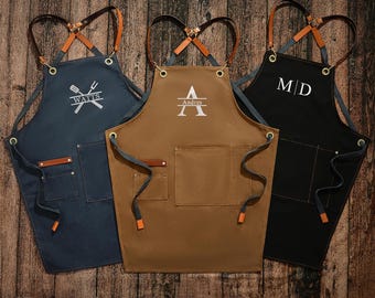 Personalized Embroidered Apron, Canvas Workshop Apron with Pockets, Custom Kitchen Apron, Gift for Him, Barbeque Apron, Bartender Apron