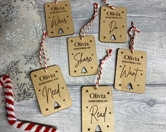 Set of 6 Personalised 'Something To' Gift Tags - Christmas Gift Wrapping - Wooden Gift Label - Laser Engraved - Something You Want Gift Tag