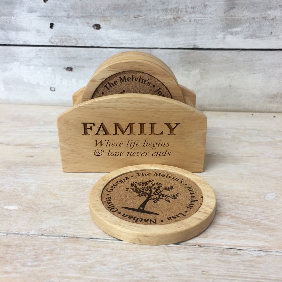 Personalised Coaster Set - Family Tree Design - Wood Cork Coasters ...