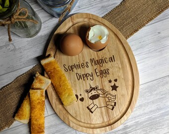 Personalised Egg & Soldiers Egg Board - Dippy Egg Board - Unicorn Egg Board - Engraved Egg Board - Personalised Egg Cup - Christmas Gift