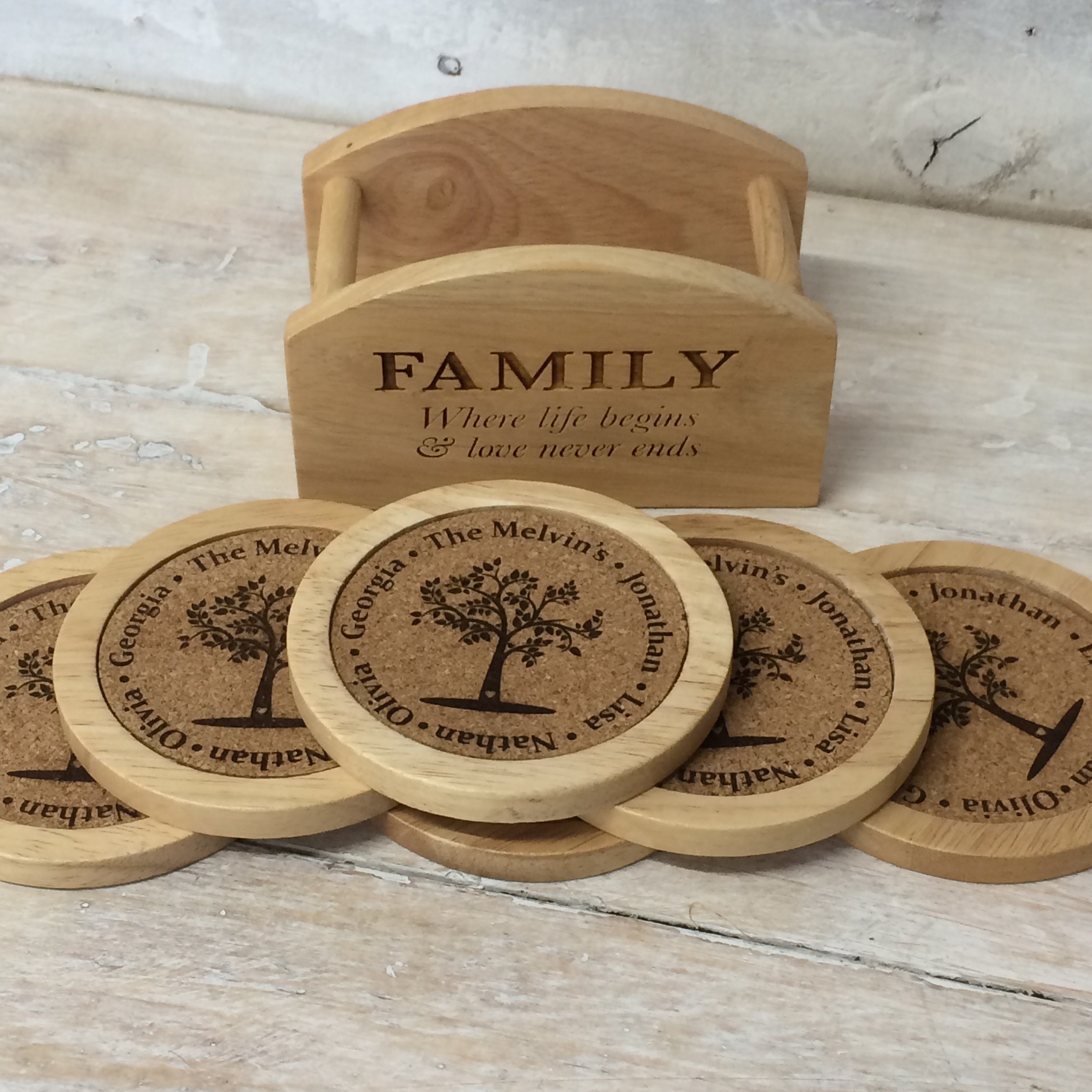Personalised Coaster Set - Family Tree Design - Wood Cork Coasters ...