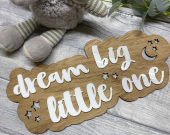 Dream Big Little One Sign - Wooden Cloud Nursery Decor - Children's Playroom - 3D Wall Art - Newborn Baby Gift - Baby Shower Present