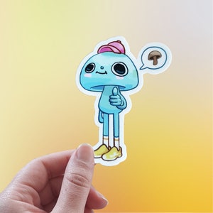 May include: A blue mushroom character with a pink hat and yellow shoes gives a thumbs up. The character is thinking about a brown mushroom.