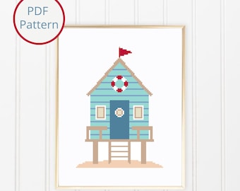 Modèle de point de croix pour cabane de plage moderne : art mural nautique pour débutant (téléchargement PDF)