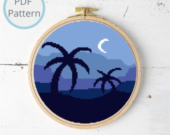Modèle de point de croix paysage tropical au clair de lune (téléchargement numérique)
