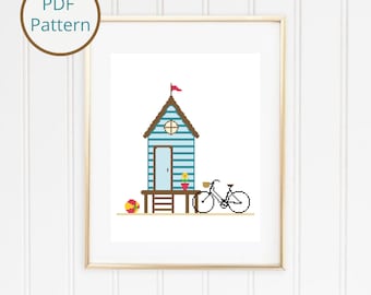 Cabane de plage avec vélo au point de croix : décoration de chalet d'été (téléchargement PDF)