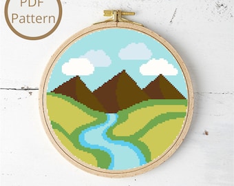 Mountain River Cross Stitch Pattern: Colorful Nature Scene (PDF Pattern)