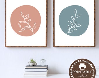 Art mural floral minimaliste, impressions terre cuite et bleu-gris, décoration bohème (téléchargement numérique)