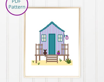 Beach Hut Cross Stitch Pattern with Cat and Cactus: Fun Coastal Decor (PDF Download)