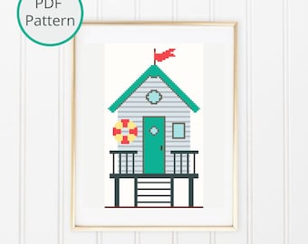 Beach Hut cross Stitch Pattern, Beach House, Beach Cottage, Nautical Cross Stitch, Modern Cross Stitch, Summer Decor, Instant PDF download