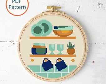 Retro Kitchen Cross Stitch Pattern: Mid-Century Modern Decor (PDF Download)