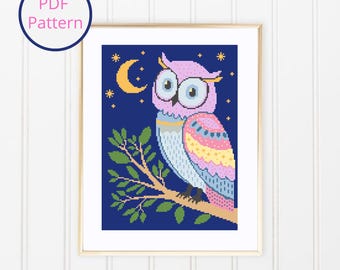Boho Owl Cross Stitch Pattern: Moon & Stars (PDF Download)