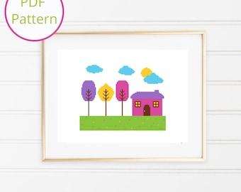 Colorful House Landscape Cross Stitch Pattern: Modern Beginner Design (PDF Pattern)