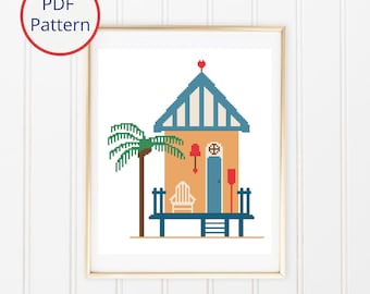 Modèle de point de croix pour cabane de plage : chalet de palmier (téléchargement PDF)