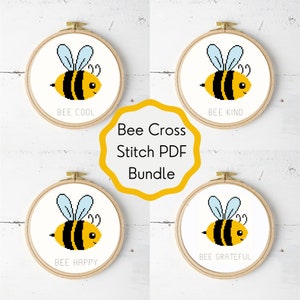 Bees Cross Stitch Pattern Set, Bee Happy, Bee Cool, Bee Kind, Bee Grateful, Modern Cross Stitch, Nature Cross Stitch, Bumblebee Cross Stitch