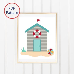 Beach Hut Cross Stitch Pattern, Beach House Pattern, Beach Cottage with Flag, Modern Cross Stitch, Summer Decor, Instant PDF Download