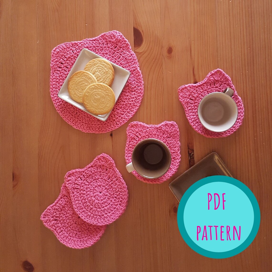 Crochet Cat Face Placemat and Coasters Pdf Pattern Cat - Etsy