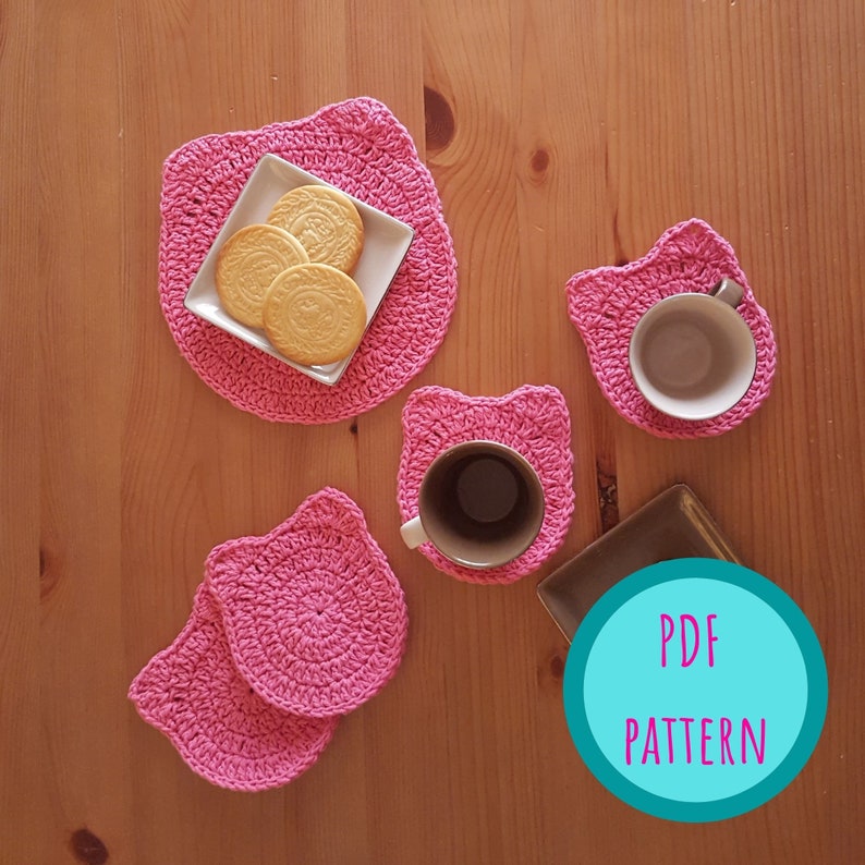Crochet Cat Face Placemat and Coasters Pdf Pattern, Cat Crochet