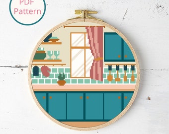 Retro Kitchen Cross Stitch Pattern: Mid-Century Modern Decor (Instant PDF Download)