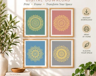 Mandala Wall Art Set of 4, Boho Printable Art, Colorful Digital Download
