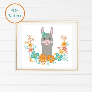 Happy Llama Cross Stitch Pattern, Llama Lover Gift, Llama with Flower Wreath, Modern Cross Stitch, Llama Embroidery, Instant PDF Download