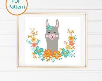 Happy Llama with Flower Wreath Cross Stitch Pattern (PDF Download)