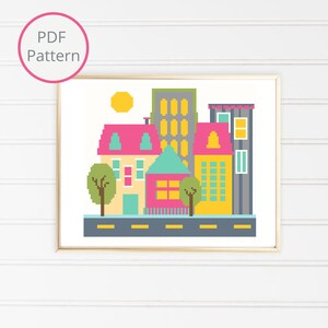 City Houses Cross Stitch Pattern, Townhouse Cross Stitch, Colorful City Street, Modern Cross Stitch City Scape Pattern, Instant PDF Download