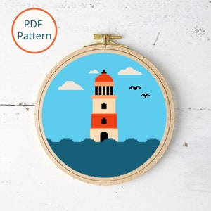 Lighthouse Cross Stitch Pattern, Nautical Summer Decor, Ocean Landscape, Beach Landscape Cross Stitch, Instant PDF Download