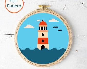Lighthouse Landscape Cross Stitch Pattern: Nautical Summer Decor (PDF Download)