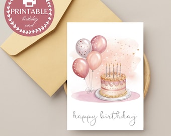 Printable Watercolor Pink Balloon & Cake Birthday Card, Elegant Greeting Card, Instant Download