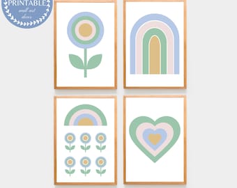 Blue Retro Wall Art Prints: Pastel Rainbow, Flower, Heart (Digital Download)