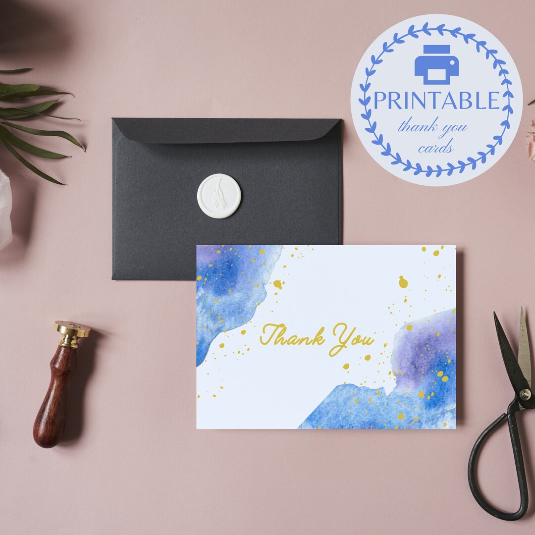 Printable Watercolor Blue & Gold Thank You Cards in 2 Sizes, Instant Download PDF Blue and Gold