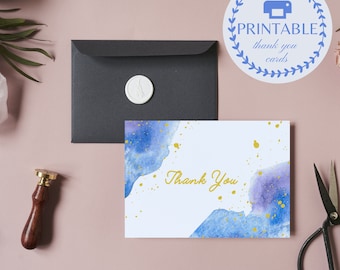 Watercolor Blue & Gold Thank You Cards, Printable PDF (2 Sizes)