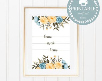 Blue Floral Home Sweet Home Wall Art Print (Digital Download)