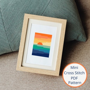 Petit motif de point de croix paysage coucher de soleil, mini motif de point de croix, petit point de croix compté, point de croix moderne, téléchargement PDF instantané