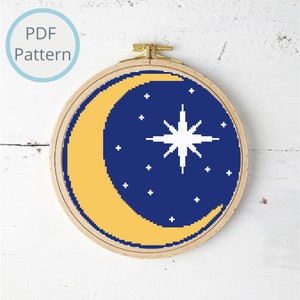 Moon and Stars Cross Stitch, Night Sky Cross Stitch, Modern Cross Stitch Decor, Crescent Moon, Beginner Cross Stitch, Galaxy, Instant PDF