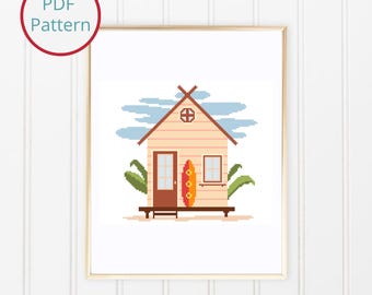 Beach Hut Cross Stitch Pattern: Summer Cottage Wall Art (PDF Download)