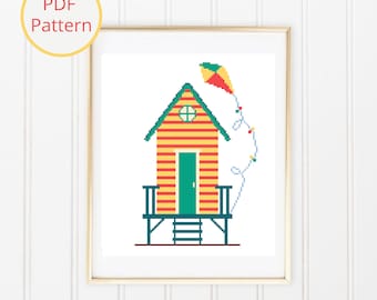 Beach Hut Cross Stitch Pattern: Modern Nautical Decor (PDF Download)