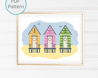 Beach Huts Cross Stitch Pattern, Seaside Landscape (Instant PDF Download)