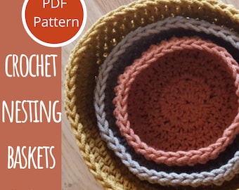 Nesting Baskets Crochet Pattern, Crochet Baskets in 3 sizes, Crochet Hanging Baskets, Baskets with Handle, Stacking Set of Crochet Baskets
