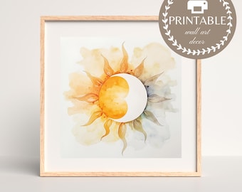 Art mural soleil et lune, art contemporain aquarelle, impression céleste bohème (téléchargement numérique)